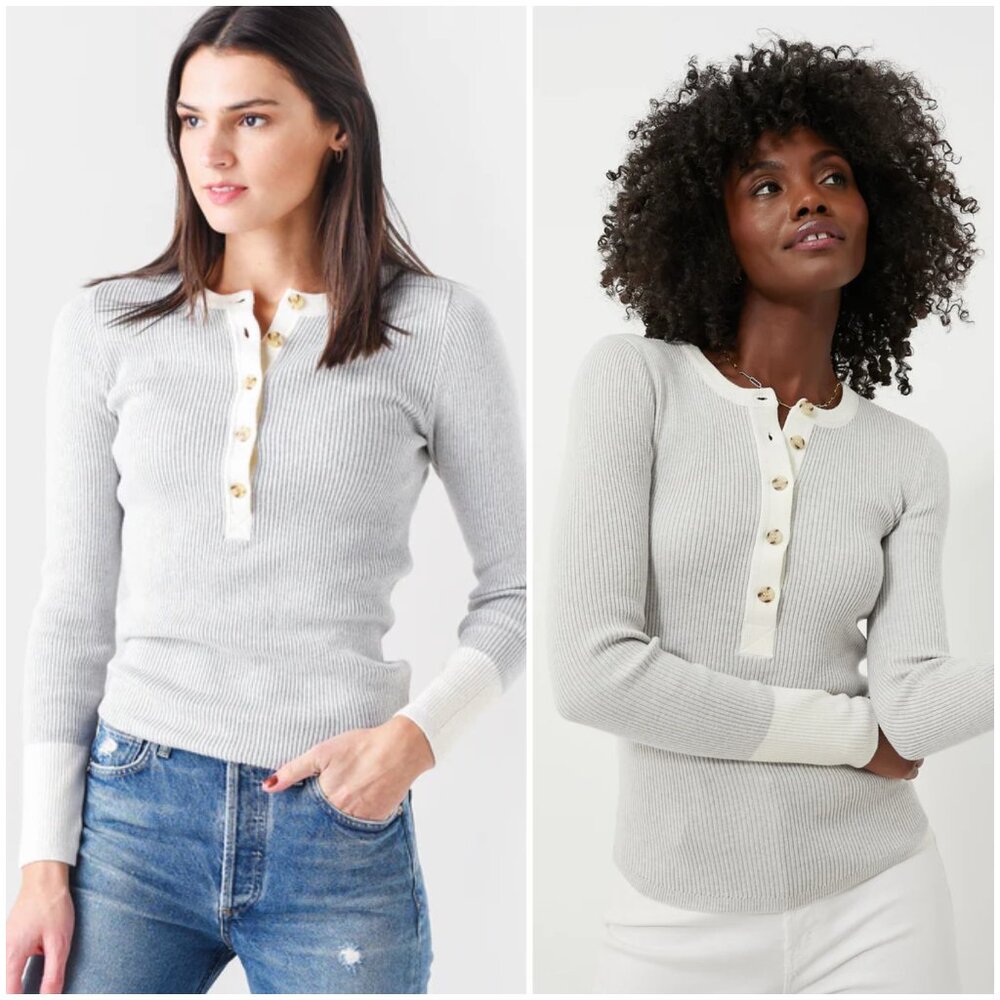 Faherty Light Gray Ribbed Henley Sweater with Ivory Placket
